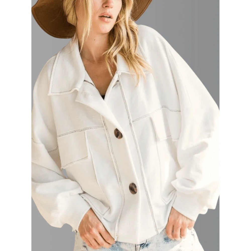 Women's Bucket List Small White French Terry Oversized Raw Edge Shacket Boho